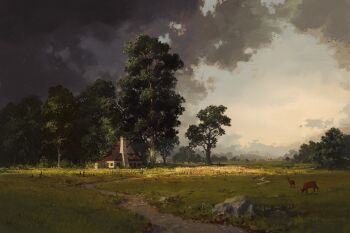 cloud cloudy_sky commentary deer english_commentary grass grey_sky highres house landscape nature no_humans original path philipp_urlich road scenery sky tree