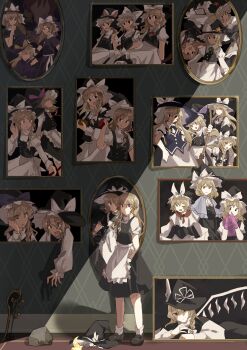 6+girls :d ab_ten_4 absurdres apron black_dress black_hat black_shirt black_shoes black_skirt black_vest blue_bow blue_vest bow braid broom buttons capelet closed_mouth clothing_request commentary crescent_ornament crystal_wings dress frilled_apron frilled_hat frilled_shirt frilled_skirt frills gloves green_ribbon grey_capelet hair_bow hand_on_own_cheek hand_on_own_face hat hat_bow hat_ornament hat_ribbon highres holding holding_broom holding_wand kirisame_marisa kirisame_marisa_(pc-98) long_hair long_sleeves lying medium_hair mirror multiple_girls multiple_persona neck_ribbon official_alternate_costume official_alternate_eye_color official_alternate_hair_color on_stomach open_mouth painting_(object) picture_frame puffy_short_sleeves puffy_sleeves purple_bow purple_dress purple_gloves purple_scarf red_bow red_eyes red_hair red_ribbon red_scarf ribbon sash scarf scepter shirt shoes short_hair short_sleeves single_braid skirt smile socks standing star_(symbol) star_hat_ornament sweatdrop touhou unworn_headwear vest waist_apron wand white_apron white_bow white_ribbon white_sash white_shirt white_skirt white_socks wings witch_hat yellow_eyes