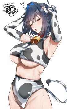 1girl absurdres animal_ear_hairband animal_ears animal_print arms_up bell blue_hair blush breasts cleavage closed_eyes collar commentary cow_ear_hairband cow_ears cow_horns cow_print cow_tail cowbell english_commentary fake_animal_ears hair_intakes hairband highres hololive hololive_english horns horns_pose large_breasts open_mouth ouro_kronii red_collar short_hair squiggle sweat tail tomosakaaa underboob virtual_youtuber white_background