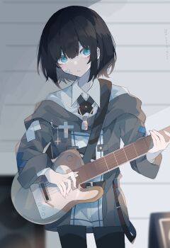 Rule 34 | 1girl, absurdres, bandaid, bandaid on cheek, bandaid on face, belt, black belt, black hair, black jacket, black pants, blue eyes, closed mouth, collared shirt, commentary request, cowboy shot, cross, expressionless, guitar, hair between eyes, highres, holding, holding guitar, holding instrument, hood, hood down, hooded jacket, instrument, jacket, jewelry, latin cross, long sleeves, looking at viewer, loose belt, necklace, original, pants, shirt, short hair, solo, speaker, standing, umemaro (siona0908), white shirt, wing collar