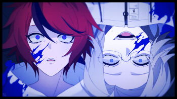 2boys aotsuki_eito aquam0n1ca black_border black_streaks blood blood_on_clothes blood_on_face blue_blood blue_eyes border commentary english_commentary evil_grin evil_smile film_grain glasses grey_hair grin highres hood hoodie jacket looking_at_viewer male_focus multicolored_hair multiple_boys purple_eyes red_hair ringed_eyes short_hair smile spoilers streaked_hair sumino_takumi symmetrical_pose teeth the_hundred_line_-last_defense_academy- upside-down white_hoodie white_jacket wide-eyed