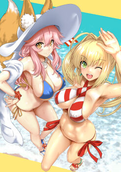 2girls ahoge animal_ear_fluff animal_ears anklet armpits bikini blonde_hair blush bracelet breasts brown_eyes butt_crack cleavage closed_mouth covered_erect_nipples criss-cross_halter earrings fate/grand_order fate_(series) fingernails fox_ears fox_tail green_eyes halterneck hat highres jewelry large_breasts long_hair looking_at_viewer multiple_girls necklace nero_claudius_(fate) nero_claudius_(fate/extra) nero_claudius_(swimsuit_caster)_(fate) one_eye_closed open_mouth pink_hair sandals shiny_skin shore side-tie_bikini_bottom sling_bikini_top smile stomach striped_bikini striped_clothes sun_hat swimsuit tail tamamo_(fate) tamamo_no_mae_(fate) tamamo_no_mae_(swimsuit_lancer)_(fate) tamamo_no_mae_(swimsuit_lancer)_(third_ascension)_(fate) thighs toes uguisu_kagura water water_drop