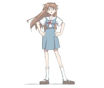 Rule 34 | 1girl, :o, blue eyes, breasts, brown hair, floating hair, full body, hands on own hips, highres, looking at viewer, neon genesis evangelion, rurio85, school uniform, skirt, solo, souryuu asuka langley, standing, suspender skirt, suspenders, tokyo-3 middle school uniform, tsundere, white background, wide hips