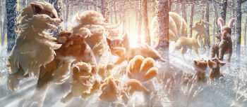 Rule 34 | 1990s (style), arcanine, evolutionary line, forest, gen 1 pokemon, gen 2 pokemon, growlithe, houndoom, houndour, ibui matsumoto, lens flare, nature, ninetales, nintendo, no humans, pokemon, pokemon (creature), pokemon gsc, pokemon rgby, retro artstyle, snow, sunlight, sunrise, vulpix