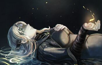 1girl absurdres amazuya_azuma black_dress blindfold_mask blonde_hair capelet cloak closed_mouth covered_eyes dark_souls_(series) dark_souls_iii dress fire_keeper fromsoftware grey_hair highres jewelry long_hair mask necklace solo