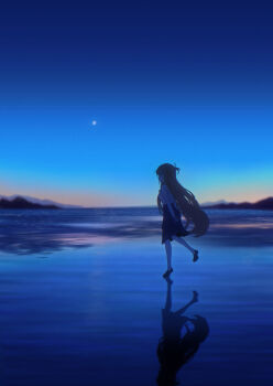 1girl absurdres arms_behind_back asuna_(sao) black_boots blue_skirt blue_sky boots braid brown_hair clear_sky commentary from_side full_body half_up_half_down_braid highres istriri long_hair long_sleeves looking_ahead medium_skirt outdoors sao_survivor_school_uniform scenery school_uniform shirt skirt sky solo sword_art_online walking walking_on_liquid water white_shirt