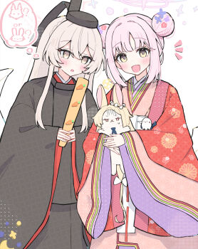 Rule 34 | 3girls, animal, animal ears, animal on arm, bird, bird on arm, black hanfu, black hat, blonde hair, blue archive, blue necktie, blush, chinese clothes, closed mouth, double bun, forehead, fox, fox ears, fox girl, hair between eyes, hair bun, hanfu, hat, highres, holding, holding animal, japanese clothes, kimono, long hair, mika (blue archive), multiple girls, nagisa (blue archive), necktie, open mouth, pink eyes, pink hair, rabbit, red kimono, sateto (user knrf2332), seia (blue archive), sidelocks, sweatdrop, yellow eyes