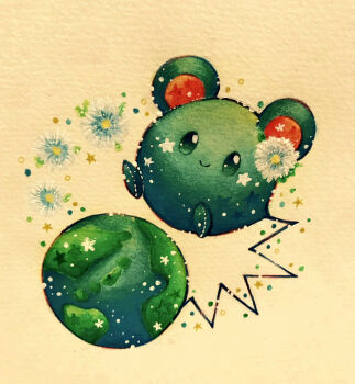 Rule 34 | azurill, closed mouth, commentary request, earth (planet), flower, full body, gen 3 pokemon, highres, nintendo, no humans, painting (medium), paper texture, planet, pokemon, pokemon (creature), simple background, solo, traditional media, translation request, watercolor (medium), white flower, yukichi 0611