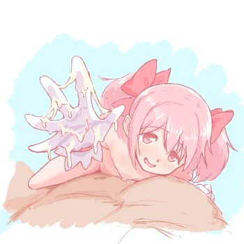 1boy 1girl absurdres after_handjob aftersex age_difference artist_request blue_background blush bow completely_nude cum cum_on_body cum_on_hands cumdrip girl_on_top gloves hair_bow happy hetero highres kaname_madoka loli looking_at_viewer lying lying_on_person mahou_shoujo_madoka_magica nipples nude on_back on_stomach pink_eyes pink_hair red_bow silver_garden size_difference smile straddling twintails white_background