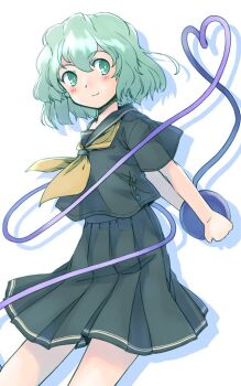 1girl alternate_costume arms_behind_back black_shirt black_skirt blush collared_shirt commentary_request drop_shadow feet_out_of_frame from_side green_eyes green_hair komeiji_koishi looking_back neckerchief no_headwear pleated_skirt rangycrow sailor_collar school_uniform shirt short_hair short_sleeves sideways_glance skirt smile solo split_mouth third_eye touhou white_background yellow_neckerchief