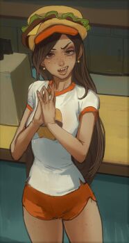 1girl brown_eyes brown_hair cashier dan_vs. dolphin_shorts earrings freckles hands_up highres hortence_(dan_vs.) indoors jewelry long_hair looking_at_viewer mossacannibalis open_mouth orange_shorts own_hands_together shirt short_sleeves shorts solo standing very_long_hair white_shirt