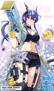 1girl absurdres arknights belt_around_waist black_boots black_shorts blue_hair boots breasts ch&#039;en_(arknights) ch&#039;en_the_holungday_(arknights) ch&#039;en_the_holungday_(holiday)_(arknights) character_name cleavage closed_mouth collarbone commentary cropped_jacket detergent dragon_girl dragon_horns dragon_tail frilled_overskirt gloves hair_between_eyes highres holding holding_water_gun horns large_breasts long_hair looking_at_viewer navel official_alternate_costume red_eyes rosa617 rubber_duck rubber_gloves shorts sidelocks smile solo stomach tail water_gun yellow_gloves