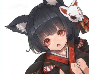 1girl :o animal_ear_fluff animal_ears ass azur_lane black_hair black_kimono bob_cut cat_ears cat_mask clenched_hands commentary_request detached_sleeves eyeshadow fang from_above hair_ornament hair_ribbon highres japanese_clothes kanzashi kimono looking_at_viewer makeup mask mask_on_head mismatched_eyebrows nyucha open_mouth red_eyes red_eyeshadow ribbon short_hair simple_background solo thick_eyebrows white_background wispy_bangs yamashiro_(azur_lane) yamashiro_(retrofit)_(azur_lane)
