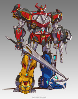 clenched_hand commentary daijuujin daizyuzin dino_megazord emerson_tung english_commentary gradient_background highres holding holding_sword holding_weapon horns kyouryuu_sentai_zyuranger looking_up mecha mighty_morphin_power_rangers no_humans power_rangers redesign robot solo super_sentai sword tokusatsu weapon yellow_eyes