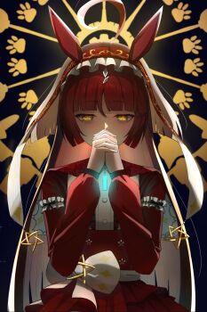 1girl absurdres ahoge akared animal_ears blunt_bangs blunt_ends blunt_sidelocks blush brown_headdress dress frilled_hairband frills hair_between_eyes hairband highres horse_ears horse_girl long_hair long_sleeves looking_at_viewer own_hands_clasped own_hands_together red_desire_(umamusume) red_dress red_hair red_hairband red_headdress red_veil sidelocks star_ornament umamusume upper_body veil yellow_eyes