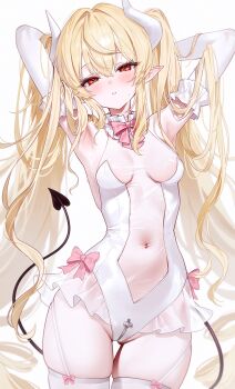 1girl absurdres apostle_(dungeon_and_fighter) armpits arms_behind_head ashtarte_(dungeon_and_fighter) bare_arms bare_shoulders battle_mage_(dungeon_and_fighter) blonde_hair blush bow bowtie breasts breasts_apart choker commentary_request commission covered_navel crotch_zipper demon_girl demon_horns demon_tail drill_hair dungeon_and_fighter female_mage_(dungeon_and_fighter) frilled_choker frilled_gloves frilled_leotard frills fymrie garter_straps gloves groin hair_between_eyes hair_lift hands_in_own_hair head_tilt highleg highleg_leotard highres horns korean_commentary leotard long_hair looking_at_viewer parted_lips pink_bow pink_bowtie pointy_ears red_eyes second-party_source see-through_clothes see-through_leotard simple_background small_breasts solo sweat tail thigh_bow thigh_gap thighhighs thighs twin_drills twintails very_long_hair white_background white_horns white_leotard white_thighhighs