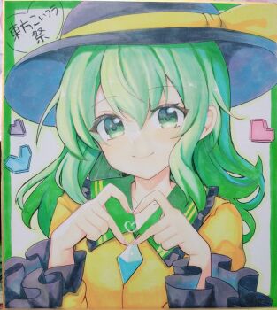 Rule 34 | 1girl, black hat, buttons, closed mouth, collared shirt, commentary request, diamond button, four-finger heart hands, frilled shirt collar, frills, green eyes, green hair, hair between eyes, hat, hat ribbon, heart, heart hands, komeiji koishi, long hair, long sleeves, looking at viewer, marker (medium), ribbon, ruhika, shikishi, shirt, smile, solo, touhou, traditional media, translation request, upper body, yellow ribbon, yellow shirt