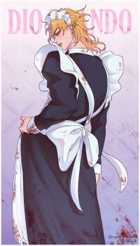 Rule 34 | 1boy, absurdres, alternate costume, apron, artist collaboration, back bow, black dress, blonde hair, blood, blood on clothes, blood splatter, blush, border, bow, character name, commentary, crossdressing, crossdressing (mtf), dio brando, dress, earrings, english commentary, eyelashes, frilled apron, frills, from behind, gradient background, green lips, hand on own hip, highres, jewelry, jojo no kimyou na bouken, lipstick, looking at viewer, looking back, maid, maid apron, maid headdress, makeup, male focus, medium hair, noquelle, profile, purple background, red eyes, solo, standing, twitter username, white border, yandere