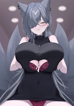 1girl :q absurdres animal_ear_fluff animal_ears assertive_female black_sweater bra breasts breasts_squeezed_together character_request clothing_cutout commission copyright_request cum cum_on_body cum_on_breasts cum_on_upper_body cumdrip earrings glasses grey_hair grey_tail hair_over_one_eye highres hoop_earrings jewelry long_hair mole mole_under_eye mopyo_(gvmmr) multiple_tails necklace panties pink_bra pink_panties skeb_commission sleeveless sleeveless_sweater slit_pupils sweater tail tongue tongue_out underboob_cutout underwear yellow_eyes