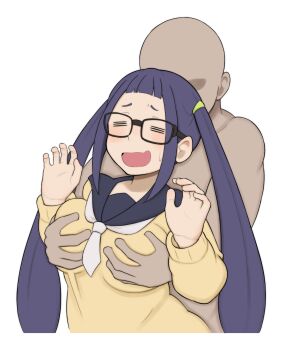 1boy 1girl age_difference bald black_hair breasts clothed_female_nude_male dark-skinned_male dark_skin embarrassed glasses grabbing_another&#039;s_breast grabbing_from_behind groping hat huge_breasts interracial medium_breasts molestation nude oogaki_chiaki open_mouth pubic_hair school_uniform simple_background size_difference small_breasts surprised sweat twintails white_background yurucamp