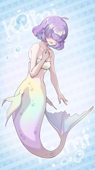 Rule 34 | 1girl, ahoge, air bubble, argyle background, bare shoulders, blue background, blunt bangs, blush, breasts, bubble, character name, collarbone, commentary request, dot nose, english text, fins, hand on own chest, highres, komena (shinyday312), mermaid, monster girl, navel, open mouth, original, purple hair, scales, short hair, sidelocks, small breasts, smile, solo, yellow tail