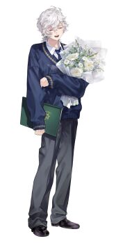 1boy black_pants blue_sweater_vest book bouquet closed_eyes commentary_request crossed_bangs flower full_body hair_ornament hairclip highres holding holding_book holding_bouquet long_sleeves low_ponytail male_focus maruko_inari murakumo_kagetsu murakumo_kagetsu_(3rd_costume) necktie nijisanji open_mouth pants ponytail shirt short_ponytail simple_background smile solo standing sweater_vest virtual_youtuber white_background white_flower white_hair x_hair_ornament