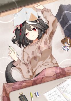 1girl absurdres animal_ears bag black_hair book brown_sweater character_doll commentary doll from_above highres holding holding_pen horse_ears horse_girl kitasan_black_(umamusume) long_sleeves looking_at_viewer lying multicolored_hair on_back one_eye_closed pen red_eyes school_bag solo streaked_hair sunny_(20597521) sweater tokai_teio_(umamusume) umamusume white_hair