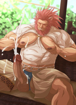 1boy animal_ears bara bare_pectorals beard blue_male_underwear caineghis_(fire_emblem) censored closed_eyes clothing_aside clothing_cutout commentary_request cum ejaculation erection facial_hair fire_emblem fire_emblem:_path_of_radiance handsfree_ejaculation large_pectorals large_penis large_variant_set male_focus male_underwear male_underwear_aside mosaic_censoring muscular muscular_male nintendo nipples nisetetsuo pectorals penis penis_out pointless_censoring red_hair sitting solo testicles underwear variant_set