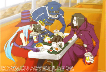 Rule 34 | 00s, 1girl, amatera, archnemon, black hair, coat, digimon, digimon (creature), digimon adventure 02, dress, food, gloves, hat, long hair, mcdonald's, multiple boys, mummymon, night, oikawa yukio, short hair, sunglasses, trench coat, white hair, witch hat