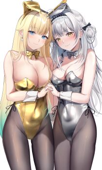 2girls absurdres aizawa_ema animal_ear_hairband animal_ears aqua_hair aqua_nails bare_shoulders black_bow black_hair black_hairband black_nails black_streaks blonde_hair blue_eyes blue_pupils blush bow bowtie braid breasts brown_pantyhose cat_earrings commentary_request covered_navel detached_collar diamond-shaped_pupils diamond_(shape) ear_piercing earrings fake_animal_ears frilled_hairband frills ginjo_saine gold_leotard gradient_hair grey_bow grey_bowtie grey_hair grey_leotard hair_bow hair_bun hair_flaps hairband highleg highleg_leotard highres holding_hands interlocked_fingers jewelry kairi_(miry666) large_breasts leotard light_smile long_hair looking_at_viewer medium_breasts mole mole_under_eye multicolored_hair multiple_girls nervous pantyhose piercing playboy_bunny rabbit_ear_hairband rabbit_ears side-tie_leotard side_braid silver_leotard spiked_hairband spikes standing strapless strapless_leotard streaked_hair symbol-shaped_pupils very_long_hair virtual_youtuber vspo! wrist_cuffs yellow_bow yellow_bowtie yellow_eyes yellow_leotard