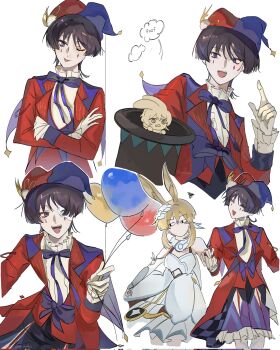 Rule 34 | 1boy, 1girl, :p, against wall, alternate costume, animal ears, arm at side, arm cutout, balloon, bare shoulders, black hair, blonde hair, blue hat, blue trim, blunt ends, bow, bowtie, checkered clothes, checkered jacket, clothing cutout, coattails, crossed arms, detached sleeves, diamond (shape), diamond facial mark, dress, eye mask, eyelashes, eyeliner, eyeshadow, facial mark, facing another, feather hair ornament, feathers, flower, frilled shirt collar, frilled shorts, frilled sleeves, frills, genshin impact, gloves, hair flower, hair ornament, half mask, halterneck, hand on own arm, hand up, hashtag-only commentary, hat, highres, holding, holding balloon, holding hands, hoyofair, index finger raised, jacket, jester, jester cap, lapels, leaning to the side, looking at viewer, lumine (genshin impact), makeup, mask, multiple views, nee madiiiii, one eye closed, open clothes, open jacket, purple bow, purple bowtie, purple eyes, purple shorts, purple vest, rabbit ears, rabbit girl, red eyeliner, red eyeshadow, red hat, red jacket, red sleeves, scaramouche (genshin impact), shirt, short hair, short hair with long locks, shorts, sidelocks, tailcoat, teardrop facial mark, tongue, tongue out, top hat, tsurime, twitter username, two-tone hat, undershirt, vambraces, vest, wanderer (genshin impact), white dress, white feathers, white flower, white gloves, white shirt