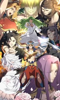 4girls 5boys arm_up armor bare_pectorals black_hair blonde_hair clenched_teeth colored_skin enkidu_(fate) fate/grand_order fate_(series) finger_gun flower gilgamesh gilgamesh_(caster)_(fate) gilgamesh_(fate) gorgon_(fate) grey_hair grey_skin ishtar_(fate) japanese_armor kingu_(fate) long_hair lunapont medusa_(fate) merlin_(fate) multiple_boys multiple_girls musashibou_benkei_(fate) open_mouth pants pectorals purple_eyes purple_hair quetzalcoatl_(fate) red_eyes rider robe shoulder_armor sode sword teeth ushiwakamaru_(fate) very_long_hair weapon white_flower white_hair white_pants white_robe