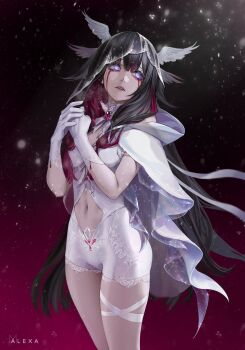 1girl black_hair blood bloody_tears breasts cape columbina_(genshin_impact) genshin_impact gloves hair_wings hashtag-only_commentary highres long_hair m_alexa midriff navel purple_background purple_eyes shirt shorts small_breasts solo thighs unusually_open_eyes very_long_hair white_cape white_gloves white_shirt white_shorts white_wings wings