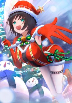 Rule 34 | 1girl, :d, \||/, alternate costume, aoi erika, aqua eyes, beanie, bell, black hair, black scarf, boots, bow, bowtie, breasts, christmas, christmas tree, commentary request, dress, dutch angle, elbow gloves, eyelashes, foot out of frame, foreshortening, fringe trim, fur-trimmed boots, fur-trimmed dress, fur-trimmed gloves, fur-trimmed headwear, fur trim, gloves, green bow, green bowtie, green scarf, hair between eyes, hands up, happy, hat, hat ornament, heaven burns red, highres, holding, holding sack, jingle bell, large breasts, looking at viewer, medium hair, neck bell, night, open mouth, outdoors, pantyhose, psy (artist), red boots, red dress, red gloves, red hat, sack, santa costume, santa dress, santa hat, scarf, short dress, smile, snowing, snowman, solo, standing, standing on one leg, star (symbol), star hat ornament, thigh strap, white pantyhose, winter