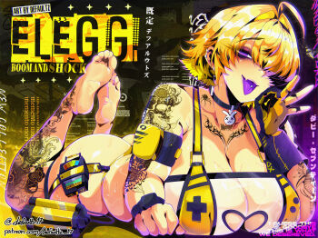 1girl absurdres arm_tattoo artist_name ass barefoot black_choker blonde_hair breasts choker cleavage cleavage_cutout clothing_cutout collarbone colored_tongue defaultz earrings elegg_(nikke) fellatio_gesture gloves goddess_of_victory:_nikke hair_intakes hair_over_one_eye heart_cutout highres jewelry large_breasts leg_tattoo lying on_stomach patreon_username piercing purple_eyes purple_tongue short_hair single_glove soles spider_tattoo sweat tattoo the_pose tongue_piercing twitter_username