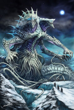 3others animal claws commentary creature eldritch_abomination english_commentary frost full_moon giant giant_monster heavy_metal highres ice kaiju madowl melting monster monster_focus moon moonlight multiple_others night original oversized_animal sharp_teeth sky teeth tentacles webbed_hands