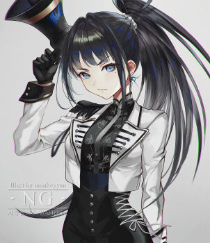 1girl aiguillette amaya_tsubame black_gloves black_hair black_shirt blue_eyes commentary cropped_jacket earrings gakuen_idolmaster gloves hair_intakes high_ponytail highres idolmaster jacket jewelry lapels long_hair long_sidelocks looking_at_viewer megaphone mole mole_under_eye monkeyyan ponytail scrunchie shirt sidelocks solo sparkle upper_body very_long_hair watermark white_jacket white_scrunchie
