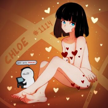 1boy 1girl artist_name artist_self-insert barefoot black_hair blue_eyes blunt_bangs blunt_ends blush_stickers breasts character_name chloe_(srgrafo) closed_mouth collarbone completely_nude crossed_arms feet full_body heart light_smile looking_at_viewer medium_hair nude original sitting small_breasts speech_bubble spread_toes srgrafo toes