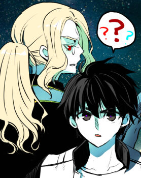 2boys ? ahoge black_hair blonde_hair book commentary_request glasses hair_between_eyes holding holding_book jacket long_hair male_focus michael_roa_valdamjong michael_roa_valdamjong_(human) multiple_boys nekoda_kuro official_alternate_costume open_clothes open_jacket ponytail priest red_eyes shirt spoken_question_mark tohno_shiki tsukihime tsukihime_(remake) tunic wavy_hair white_shirt