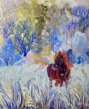 acrylic_paint_(medium) anastasia_trusova animal animal_focus bare_tree commentary english_commentary grass highres horse no_humans original outdoors painting_(medium) reins scenery traditional_media tree
