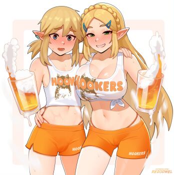 Rule 34 | 1boy, 1girl, alcohol, alternate breast size (larger), armpit crease, artist name, bare shoulders, beer, beer mug, blonde hair, blue eyes, blush, braid, breasts, bulge, cleavage, collarbone, commentary, cowboy shot, crop top, crossdressing, cup, dolphin shorts, double-parted bangs, ear piercing, embarrassed, english commentary, green eyes, hair ornament, hairclip, hand on another's shoulder, hand on another's waist, highleg, highleg panties, highres, holding, holding cup, hooters, large breasts, link, logo parody, long hair, looking at viewer, medium hair, midriff, mug, navel, nintendo, open mouth, orange shorts, panties, parted bangs, patreon username, piercing, pointy ears, ponytail, princess zelda, rezodwel, shirt, short shorts, shorts, sidelocks, simple background, smile, stomach, sweat, tank top, the legend of zelda, the legend of zelda: breath of the wild, thighs, tied shirt, trap, underwear, very long hair, watermark, web address, white background, white tank top
