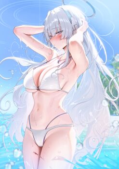 1girl arms_behind_head arms_up bikini blue_archive blue_sky blunt_bangs blurry blurry_background blush breasts cleavage commentary day grey_hair halo highleg highleg_bikini highres jewelry large_breasts long_hair looking_at_viewer mechanical_halo multi-strapped_bikini_bottom navel necklace noa_(blue_archive) open_mouth outdoors sidelocks sky solo stomach string_bikini swimsuit very_long_hair water wet yampa