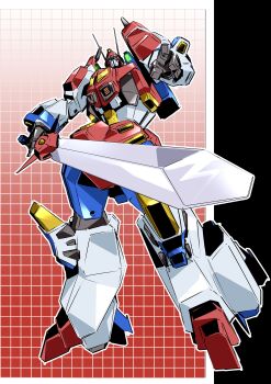 1boy absurdres autobot blue_eyes glowing glowing_eyes highres holding holding_sword holding_weapon looking_up mecha mogi_yasunobu no_humans open_hand robot science_fiction solo star_saber_(transformers) super_robot sword transformers transformers_victory weapon