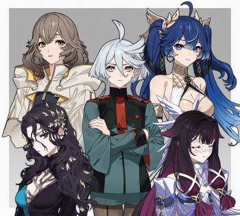 5girls ahoge asticassia_school_uniform baesong bare_shoulders black_dress black_hair black_pantyhose blue_eyes blue_hair border breasts brown_hair cleavage closed_eyes closed_mouth columbina_(genshin_impact) commentary_request crossed_arms curly_hair dress earrings expressionless final_fantasy final_fantasy_xiv genshin_impact green_eyes green_jacket green_shorts green_streaks grey_background grey_eyes gundam gundam_suisei_no_majo iuno_(wuthering_waves) jacket jewelry korean_commentary large_breasts long_hair looking_at_viewer lynn_(voice_actor) miorine_rembran multiple_girls outside_border pantyhose pantyhose_under_shorts purple_hair reverse:1999 school_uniform shorts simple_background sphene_(ff14) twintails voice_actor_connection white_border white_dress white_hair white_jacket willow_(reverse:1999) wuthering_waves
