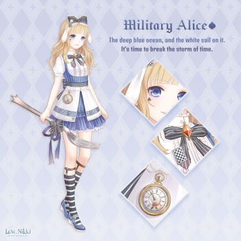 1girl alice&#039;s_adventures_in_wonderland alice_(alice_in_wonderland) animal_ears apron argyle_background artist_request back_bow bare_arms belt black_bow black_bowtie black_socks blonde_hair blue_background blue_bow blue_dress blue_eyes blue_ribbon blue_shoes blunt_bangs bow bowtie brown_belt card center_frills character_name close-up closed_mouth collared_shirt copyright_logo diamond-shaped_brooch dot_nose dress english_text eyelashes facial_tattoo fake_animal_ears footwear_bow fork frilled_bow frilled_dress frilled_footwear frilled_shirt_collar frills full_body gradient_background hair_bow hair_ornament happy high_heels holding holding_fork kneehighs lace-trimmed_apron lace_trim large_bow leg_belt lipstick logo lolita_fashion long_hair lop_rabbit_ears makeup mary_janes military_alice_(miracle_nikki) miracle_nikki nikki_(series) official_art oversized_object pinafore_dress pink_lips playing_card pleated_dress pocket_watch puffy_short_sleeves puffy_sleeves pumps rabbit_ears ribbed_socks ribbon shirt shoes short_dress short_sleeves sidelocks simple_background sleeveless sleeveless_dress smile socks solo spade_(shape) spade_tattoo standing striped_bow striped_bowtie striped_clothes striped_dress striped_socks tattoo third-party_source two-tone_socks vertical-striped_clothes vertical-striped_dress waist_apron watch wavy_hair white_apron white_shirt white_socks