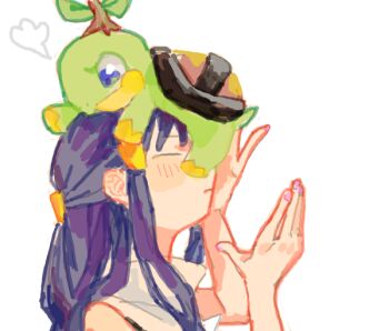 Rule 34 | animal, animal on head, blue hair, closed eyes, dawn (pokemon), gen 4 pokemon, kasa, nintendo, no headwear, oekaki, on head, open hands, pokemon, pursed lips, turtwig, white background