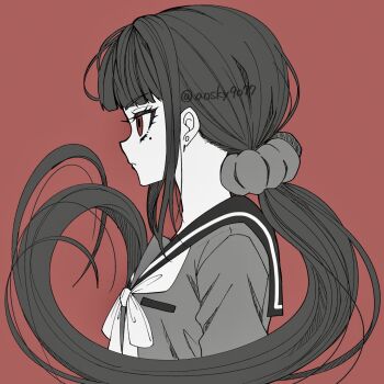 1girl blunt_bangs breast_pocket commentary_request danganronpa_(series) danganronpa_v3:_killing_harmony earrings hair_ornament hair_scrunchie harukawa_maki highres jewelry long_hair long_sleeves low_twintails mole mole_under_eye pocket profile red_eyes sailor_collar satori_(aosky9077) scrunchie shirt solo twintails upper_body