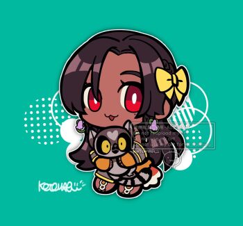 1girl :3 animal bow bright_pupils brown_hair chibi chibi_only commentary earrings full_body highres holding holding_animal jewelry kotomaru_(kotokoto_kottan) lemur long_hair looking_at_viewer miary_zo mole mole_under_eye open_mouth red_eyes ring-tailed_lemur signature solo standing symbol-only_commentary tan tekken tekken_8 white_pupils yellow_bow