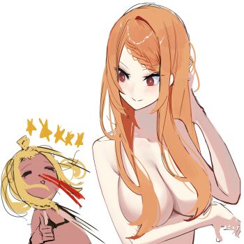 2girls absurdres blonde_hair blood blush braid breast_focus breasts breasts_out convenient_censoring dark_skin hair_down hair_over_breasts highres large_breasts liliana_masquerade long_hair looking_back meme motion_lines multiple_girls nosebleed nude orange_hair priscilla_barielle re:zero_kara_hajimeru_isekai_seikatsu red_eyes secondhand9280 smile stars thumbs_up twintails