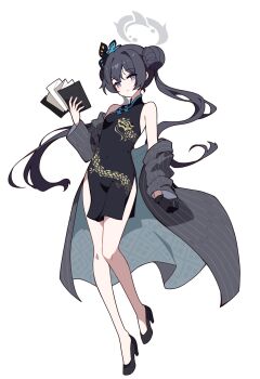 1girl bare_shoulders black_coat black_dress black_gloves black_hair black_shoes blue_archive breasts butterfly_hair_ornament china_dress chinese_clothes closed_mouth coat covered_navel dragon_print dress full_body gloves grey_eyes hair_bun hair_ornament halo high_heels highres ideolo kisaki_(blue_archive) long_hair looking_at_viewer off_shoulder shoes short_dress side_slit simple_background single_glove small_breasts smile solo twintails white_background